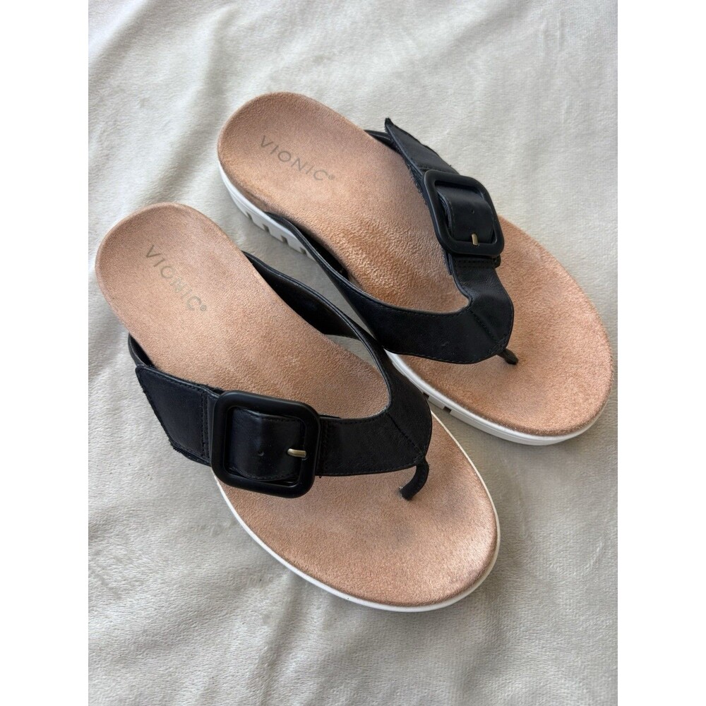 Vionic Uptown Marin Sandals Slides Platform Chunky Black Leather Size 7 Thong